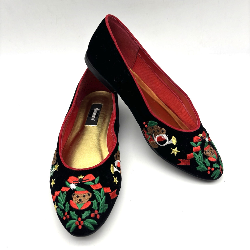 Vintage 90s Ellemenno 'BEARY' Black Velvet Christmas Bears Embroidered Flats 7M